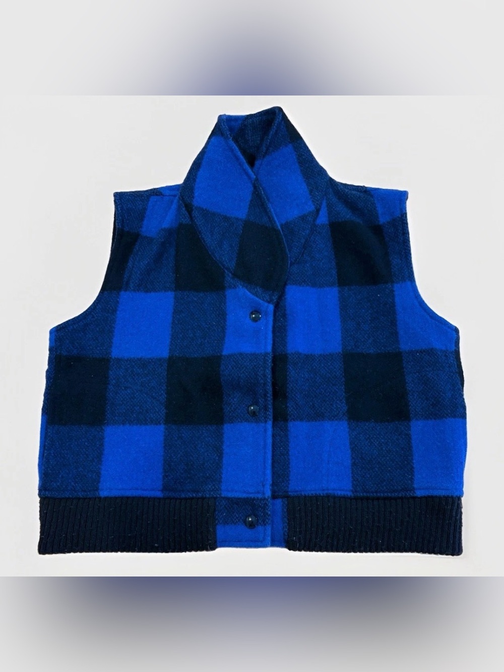 Vintage Woolrich Women’s Wool Vest Buffalo Plaid Black Blue Size Large Collared